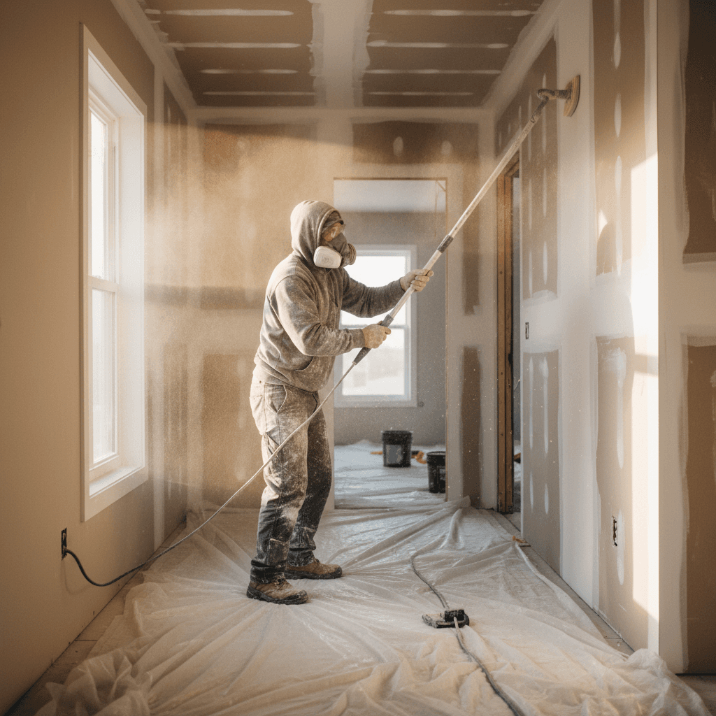 Worker sanding a drywall seam with a pole sander in a room under renovation
