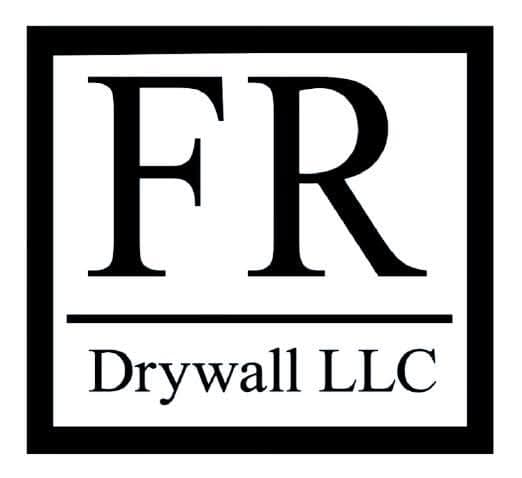 Black and white logo for FR Drywall LLC featuring large serif letters inside a square.